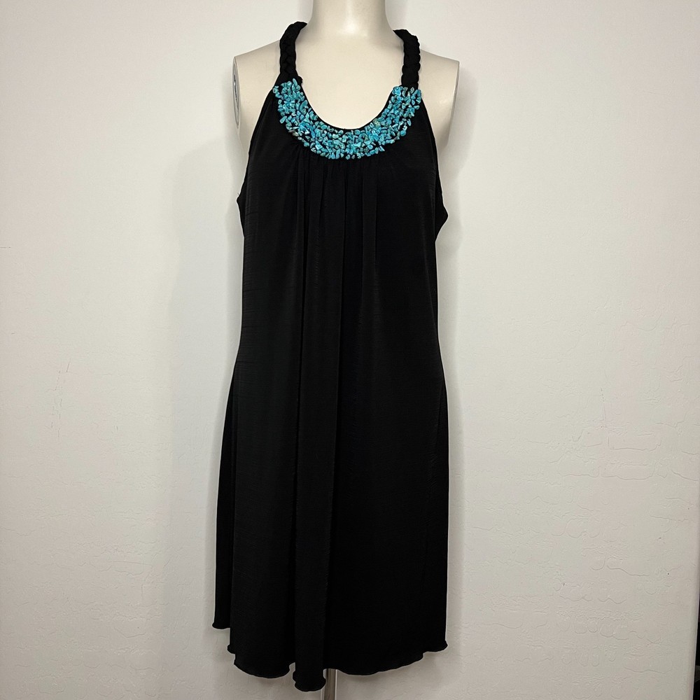 A. Byer California Black Dress Turquoise Collar T-Rope Back Size L
